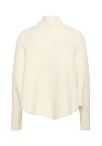 Kremowy sweter z golfem, dzianinowy, prążkowany, z długimi rękawami i lekko rozszerzanym dołem.