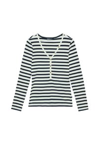 Langärmliges, geripptes Oberteil mit horizontalen Streifen in Marineblau und Creme, V-Ausschnitt und drei dekorativen Knöpfen entlang der Vorderseite.