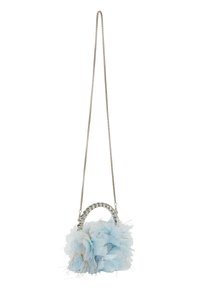Borsa a tracolla blu chiaro con una texture morbida, catena per la tracolla e un manico con strass. Presenta tessuti sovrapposti e traslucidi e filati metallici.