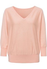 Pull long à manches longues rose pâle avec décolleté en V, bords côtelés aux poignets et à l'ourlet, et coupe ample et décontractée.