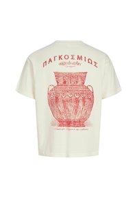 Helle Baumwoll-T-Shirt mit kurzen Ärmeln in Cremefarbe, das ein rotes Vasenmotiv und griechischen Text auf der Rückseite zeigt. Lockere Passform mit Rundhalsausschnitt.