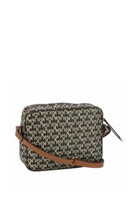 Borsa a tracolla con motivo, in tessuto verde scuro, stampa geometrica beige, manico in pelle marrone e chiusura con zip. Forma rettangolare.