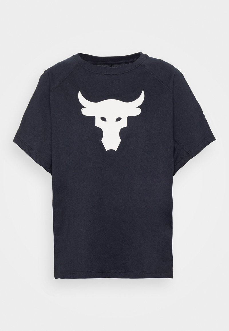 T-shirt noir à manches courtes avec un grand motif tête de taureau stylisé blanc sur le devant.