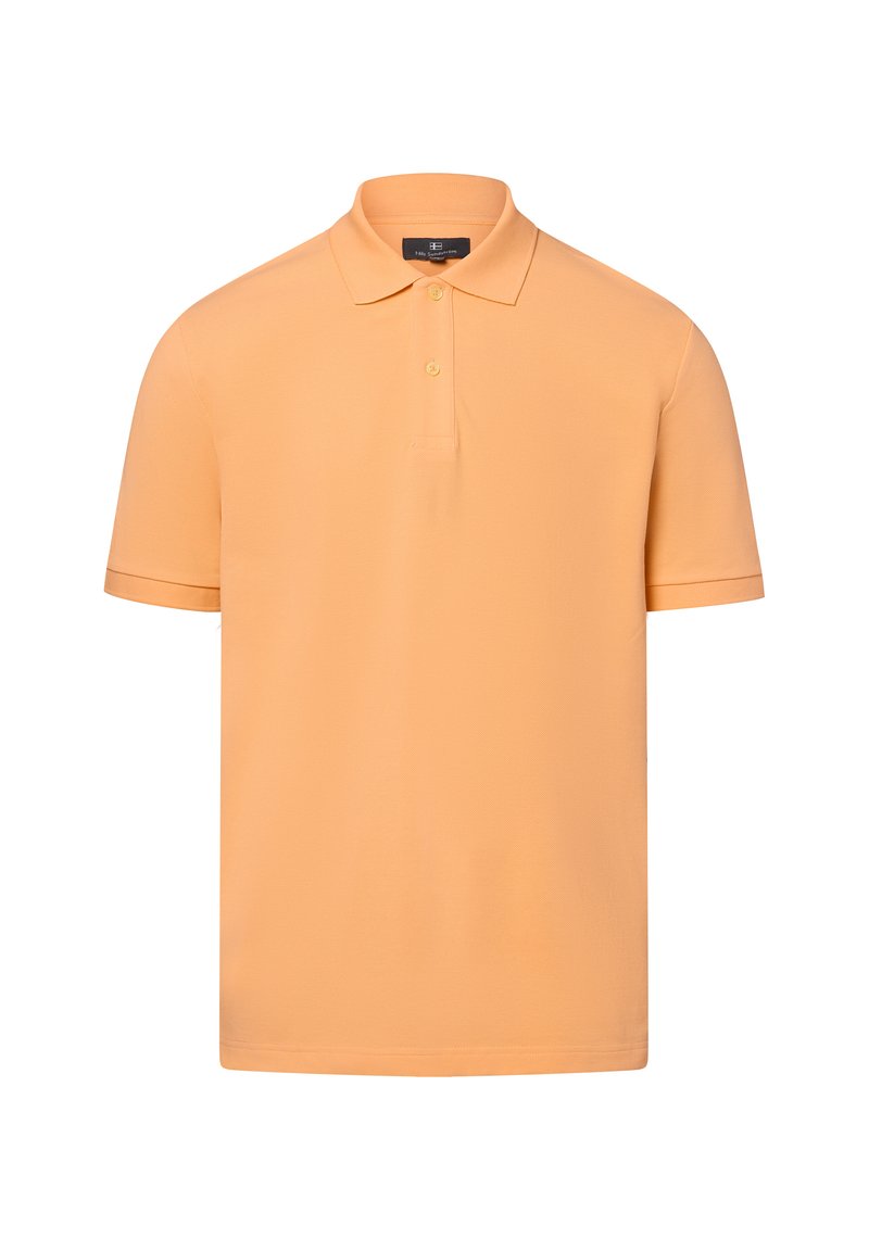 Korte mouwen polo in lichtoranje. Gemaakt van een gladde stof met een klassieke kraag, een knoopsluiting met twee knopen en zonder zichtbare patronen.