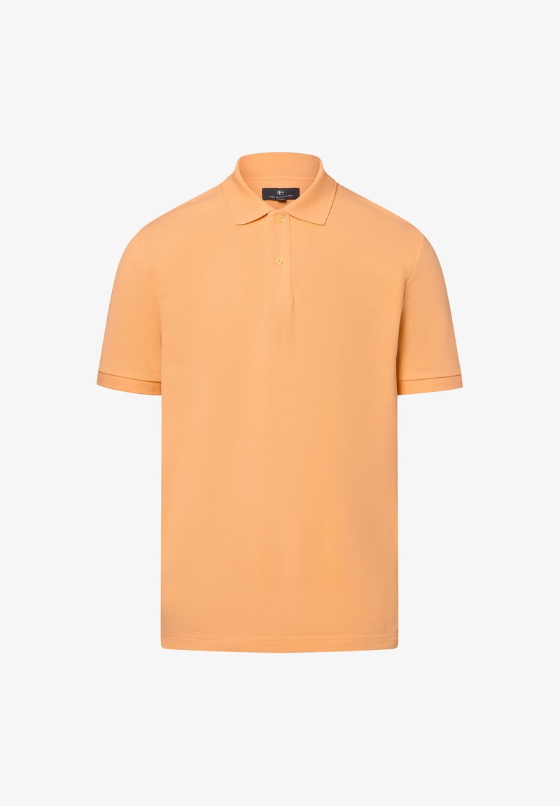 Koszulka polo z krótkim rękawem w jasnopomarańczowym kolorze. Wykonana z gładkiego materiału, z klasycznym kołnierzykiem, zapięciem na dwa guziki i bez widocznych wzorów.