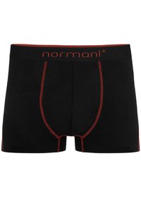 Black boxer briefs featuring contrasting red stitching and logo. Material is soft with a smooth texture. Design includes a pouch.