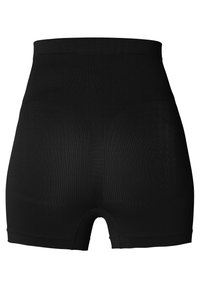 Svarta högmidjade shorts tillverkade av elastiskt material med en slät textur, med en klippning som sträcker sig till mitten av låret och en diskret design av midjebandet.