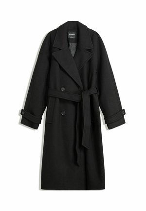 Black wool blend coat with a double-breasted design, large lapels, side pockets, and a tied belt at the waist. Features button accents.
