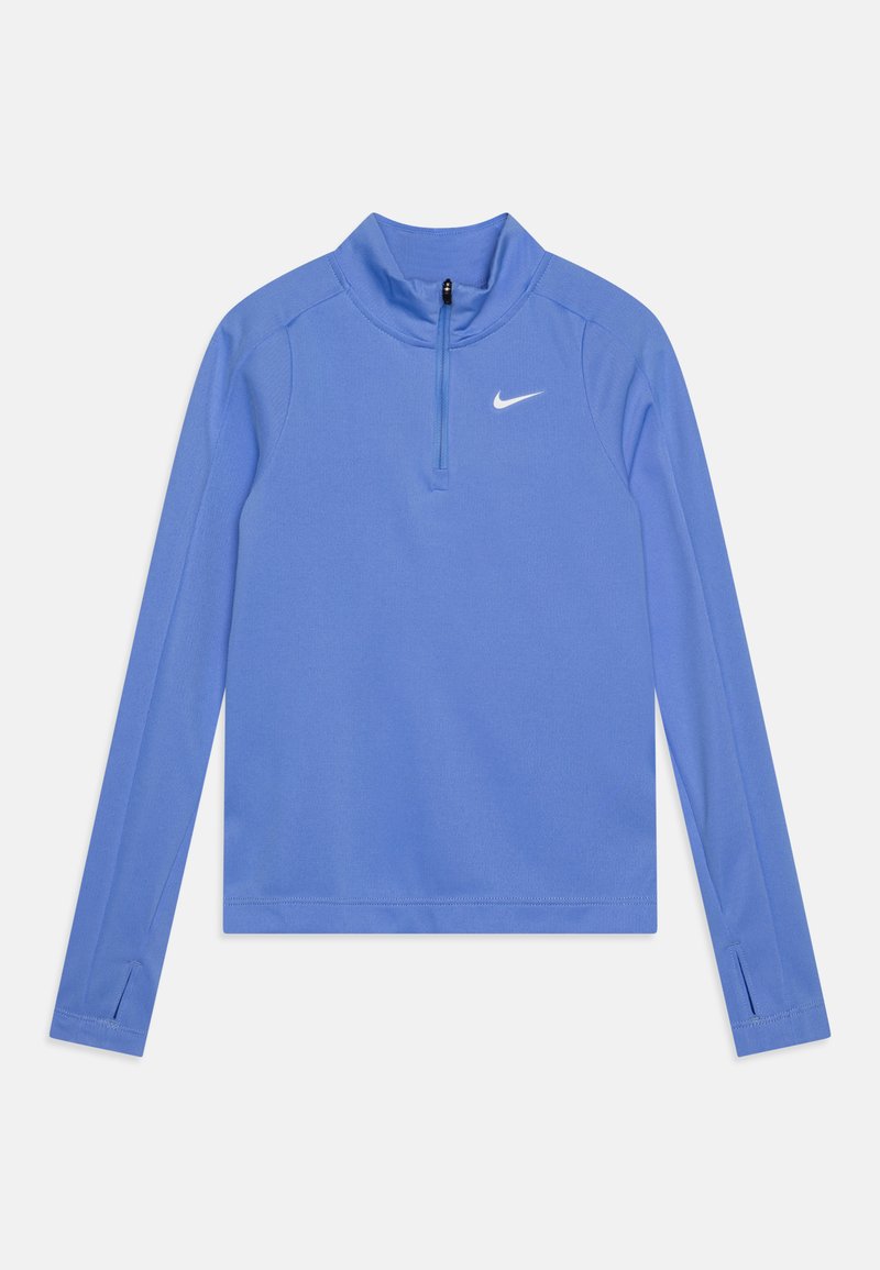 Long-sleeve, quarter-zip pullover made of smooth, lightweight fabric in bright blue with a white logo and thumbholes on the cuffs.