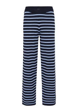 Striped pants with a wide leg design. Alternating dark navy and light blue stripes. Soft fabric with an elastic waistband for comfort.