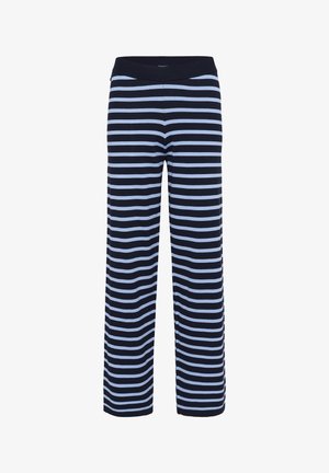 Pantalons rayés avec une coupe large. Rayures alternées bleu marine foncé et bleu clair. Tissu doux avec une taille élastique pour plus de confort.
