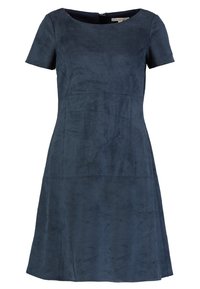 Námořnická modrá áčková šaty s krátkými rukávy, vyrobené z hladkého materiálu podobného semiši, s kulatým výstřihem a zipovým uzávěrem na zadní straně.