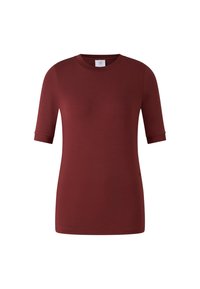 Burgundy short-sleeve t-shirt with a round neckline, soft texture, and a relaxed fit. Features folded sleeves and a subtle brand tag at the neck.