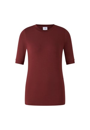 Burgunderfarbenes T-Shirt mit kurzen Ärmeln, rundem Ausschnitt, weicher Textur und lässiger Passform. Verfügt über umgeschlagene Ärmel und ein dezentes Markenetikett am Hals.