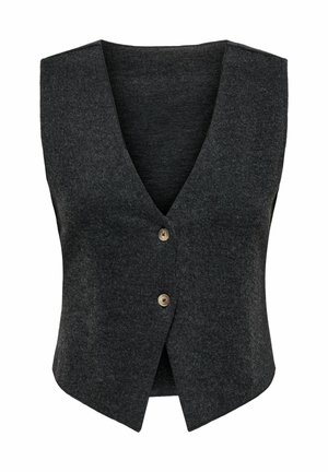 Gilet di lana grigia con scollo a V, dotato di chiusura a bottoni e orlo inclinato. Il tessuto ha una consistenza morbida e un sottile motivo a maglia.