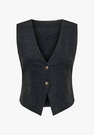 Gray wool vest with a V-neck, featuring a button closure and angled hem. The fabric has a soft texture and a subtle knit pattern.
