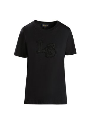 Sort bomulds T-shirt med korte ærmer, der har et tekstureret "LS" logo i sort tråd på forsiden. Klassisk rund halsudskæring.