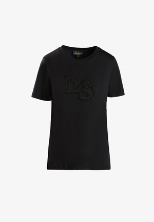 Zwarte katoenen T-shirt met korte mouwen, voorzien van een gestructureerd "LS" logo in zwarte draad op de voorkant. Klassieke ronde hals.