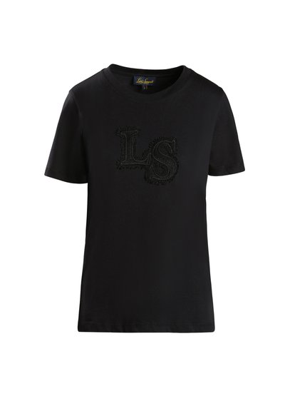 Black cotton T-shirt with short sleeves, featuring a textured "LS" logo in black thread on the front. Classic round neckline.