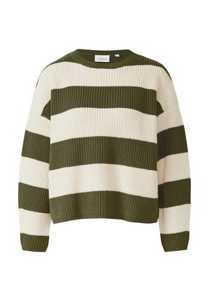 Sweter dziergany z poziomymi oliwkowo-kremowymi paskami, okrągłym dekoltem i luźnym krojem z prążkowaną teksturą.
