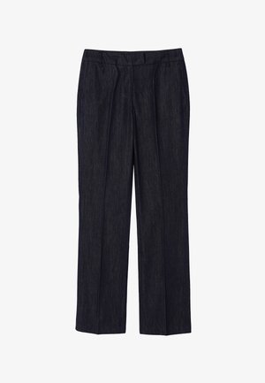 Pantalones de corte recto en azul marino oscuro con pliegue frontal y bolsillos laterales, diseñados para un look formal o de oficina.