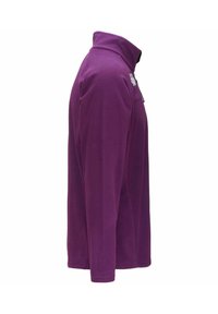 Giacca in pile viola con colletto alto, chiusura con zip e maniche lunghe. Presenta un piccolo logo sul petto. Tessuto morbido e testurizzato.