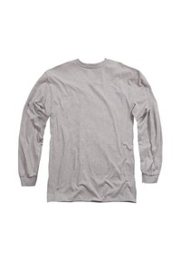 Long-sleeve shirt in light gray, made from soft fabric. Features a crew neck and slightly gathered sleeves with a loose fit.