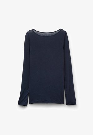 T-shirt bleu marine à manches longues avec col rond et fentes sur les côtés. Fabriqué en tissu léger avec une texture douce. Design simple et décontracté.