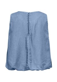 Top sans manches en lin bleu clair avec fermeture éclair dans le dos et ourlet ample légèrement arrondi.