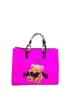 Borsa a mano rosa brillante con manici in stile corda neri e bianchi, con grafica di un orsacchiotto e testo con scritto "MY BAG!" e "PASHBAG".