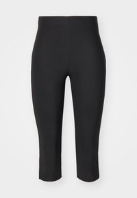 Black capri leggings made from stretchy, smooth fabric. Features a high waistband and fitted design, ending just below the knee.