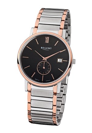 Herrenarmbanduhr mit schwarzem Zifferblatt, Metallarmband in Roségold und Silber, römische Zahl XII, Datumsanzeige bei 3 Uhr und kleine Sekundenzahl bei 6 Uhr.