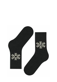 Czarne skarpetki z białym wzorem płatków śniegu po boku, o prążkowanej teksturze i wygodnym dopasowaniu.