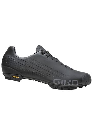 Black cycling shoe featuring perforated synthetic upper, lace closure, and a rugged Vibram sole. Embossed "GIRO" logo on the side.