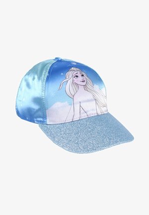 Casquette de baseball bleu clair avec une finition satinée, présentant un motif de personnage imprimé sur le panneau avant et une visière bleue pailletée.