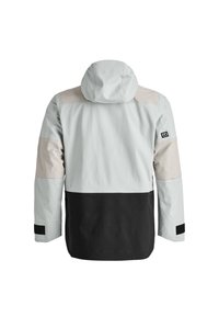 Men's jacket featuring a hood, distinct panels of light gray, beige, and black, made from lightweight fabric with adjustable cuffs.