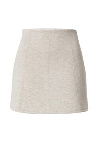 Lichtgrijze mini-jurk van zacht, textuurachtig materiaal met een aansluitende tailleband, verticale naaddetails en een uitlopende zoom.