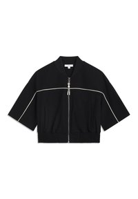 Cropped black jacket with short sleeves, white piping along the chest, and a zip front. Features ribbed waistband and soft fabric texture.