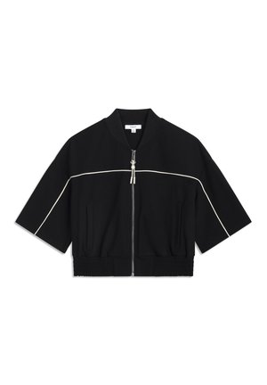 Cropped black jacket with short sleeves, white piping along the chest, and a zip front. Features ribbed waistband and soft fabric texture.