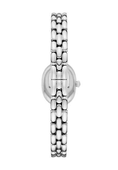 Silberfarbene Armbanduhr mit einem polierten Metallarmband aus ovalen Gliedern und einem runden Ziffernblatt, das ein minimalistisches Design präsentiert.