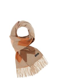Sciarpa marrone chiaro con un motivo geometrico astratto arancione e beige, rifinita con lunghe frange morbide; realizzata in un tessuto caldo e testurizzato.