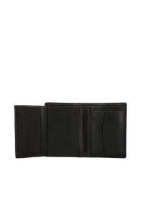 Juodas odinis piniginė su lygiu paviršiumi, turinti kelias kortelių kišenes, užtrauktuką turintį monetų skyrių ir erdvų vidų grynųjų pinigų laikymui.