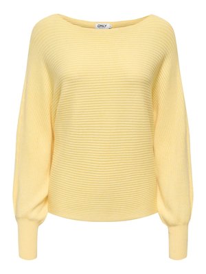 Gul ribbestrikket genser med vid båtutringning, lange ballongermer og tettsittende mansjetter. Myk tekstur med en avslappet passform.