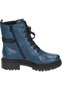 Blauwe leren enkelboot met zwarte hardware, vetersluiting aan de voorkant, zijrits, gestructureerde afwerking en robuuste zool voor verbeterde grip.
