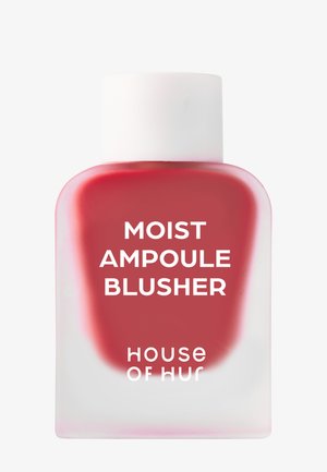 Kleine mattierte Glasflasche mit rotem flüssigem Rouge, beschriftet mit "Moist Ampoule Blusher" und weißem Verschluss von House of Hud.