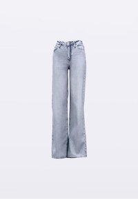 Lyseblå vide jeans med høyt liv, som har glidelås og knapp foran, og femlommersdesign i denimstoff.