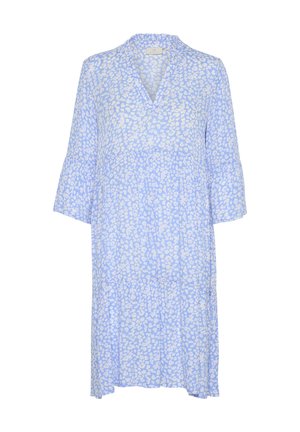 Light blue dress with white floral pattern, features a V-neck, 3/4 bell sleeves, and a tiered design for a relaxed fit. Made of lightweight fabric.