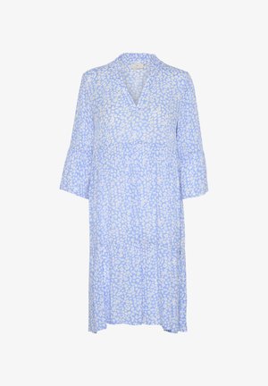 Šviesiai mėlyna suknelė su baltais gėlėtais raštais, turi V formos iškirpę, 3/4 ilgio varpo formos rankoves ir pakopinės konstrukcijos dizainą, užtikrinantį patogų prigludimą. Pagaminta iš lengvos medžiagos.