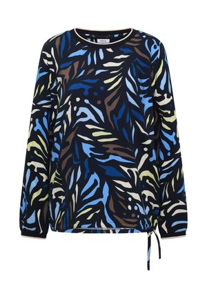 Schwarzes Langarmshirt mit abstrakten Blattmustern in Blau, Braun, Creme und Hellgrün sowie einem Kordelzug am Saum.