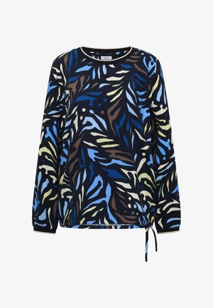 Chemise noire à manches longues avec des motifs abstraits de feuilles en bleu, marron, crème et vert clair, dotée d'un cordon de serrage à l'ourlet.